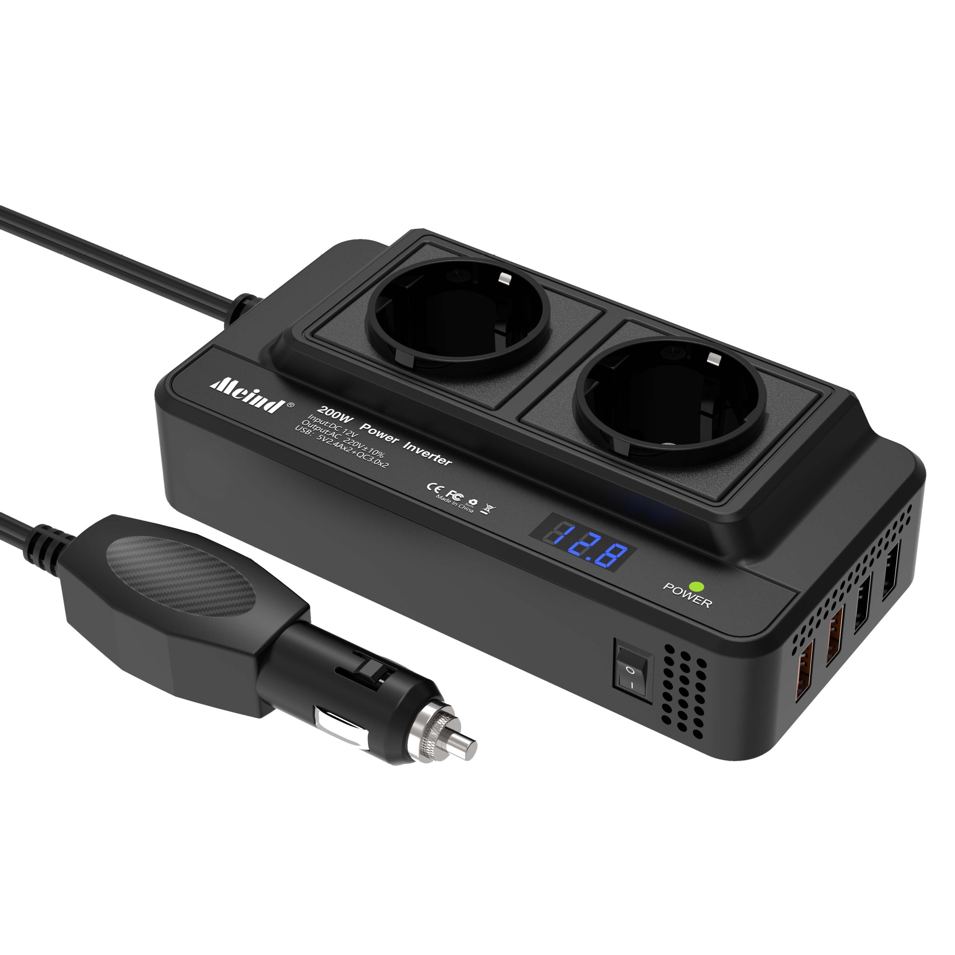 Schwarzer 200W Wechselrichter mit 2 Euro-Steckdosen, 4 USB-Ports und Auto-Stecker.
