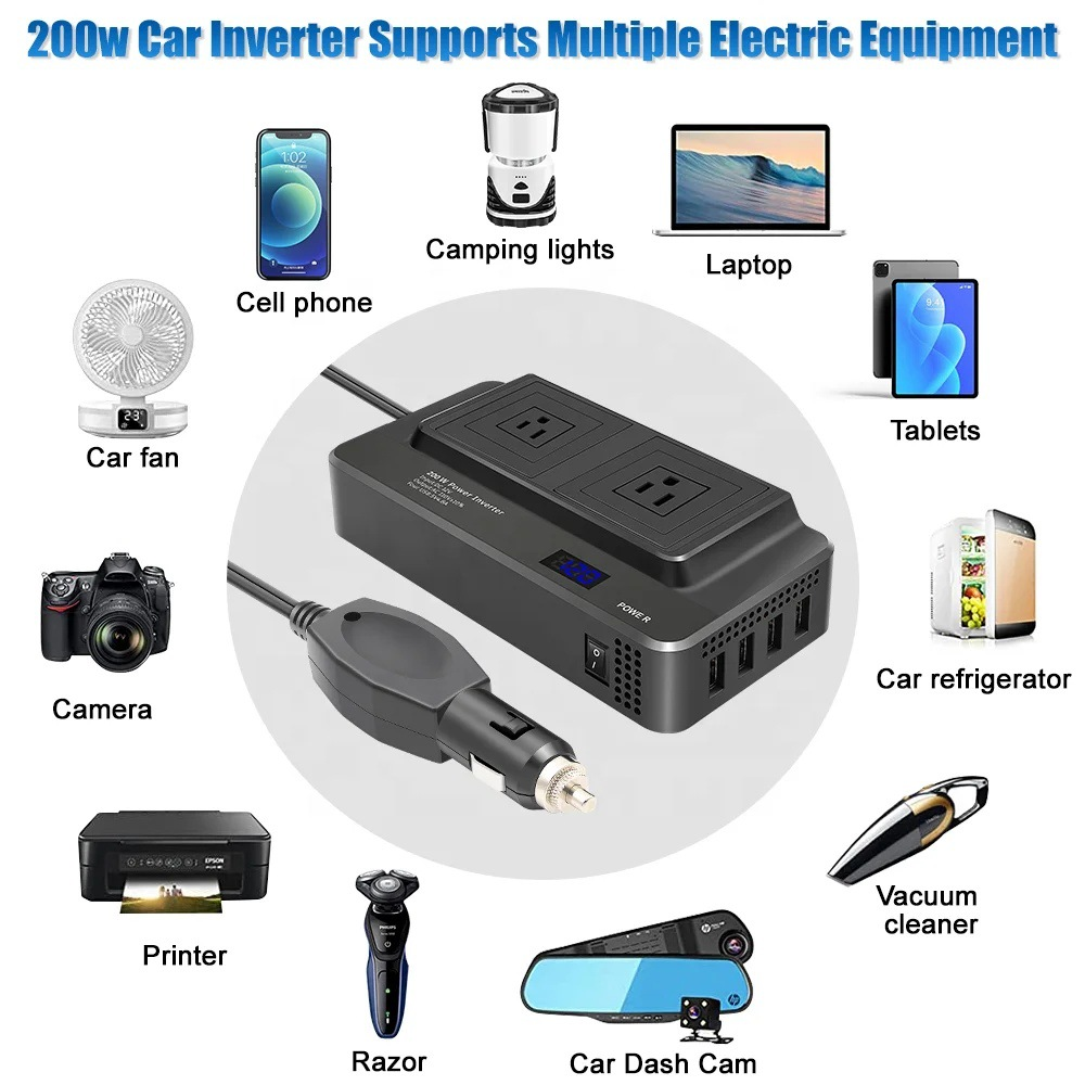 Ein Autoinverter wird mit Symbolen von Geräten gezeigt, die er mit Strom versorgen kann: Lüfter, Telefon, Kamera, Drucker, Rasierer, Laptop, Campinglicht.