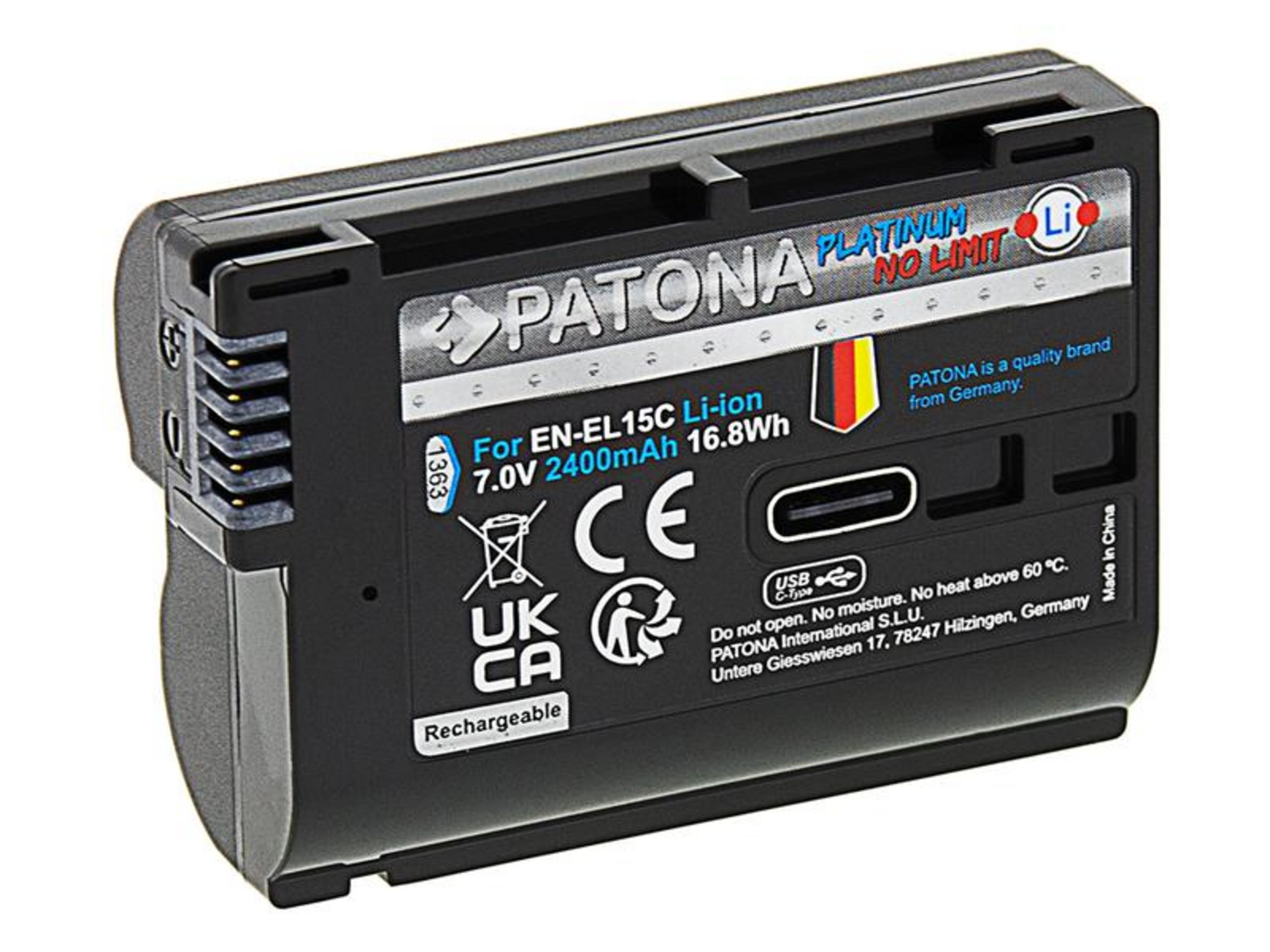 Ein schwarzer PATONA Akku für EN-EL15C, 7,0V, 2400mAh, mit USB-C-Anschluss.