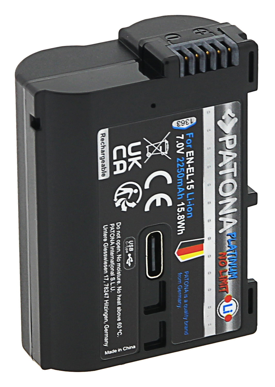 Schwarzer Akku für EN-EL15 Li-ion, 7.0V, 2250mAh, mit USB-C-Anschluss.