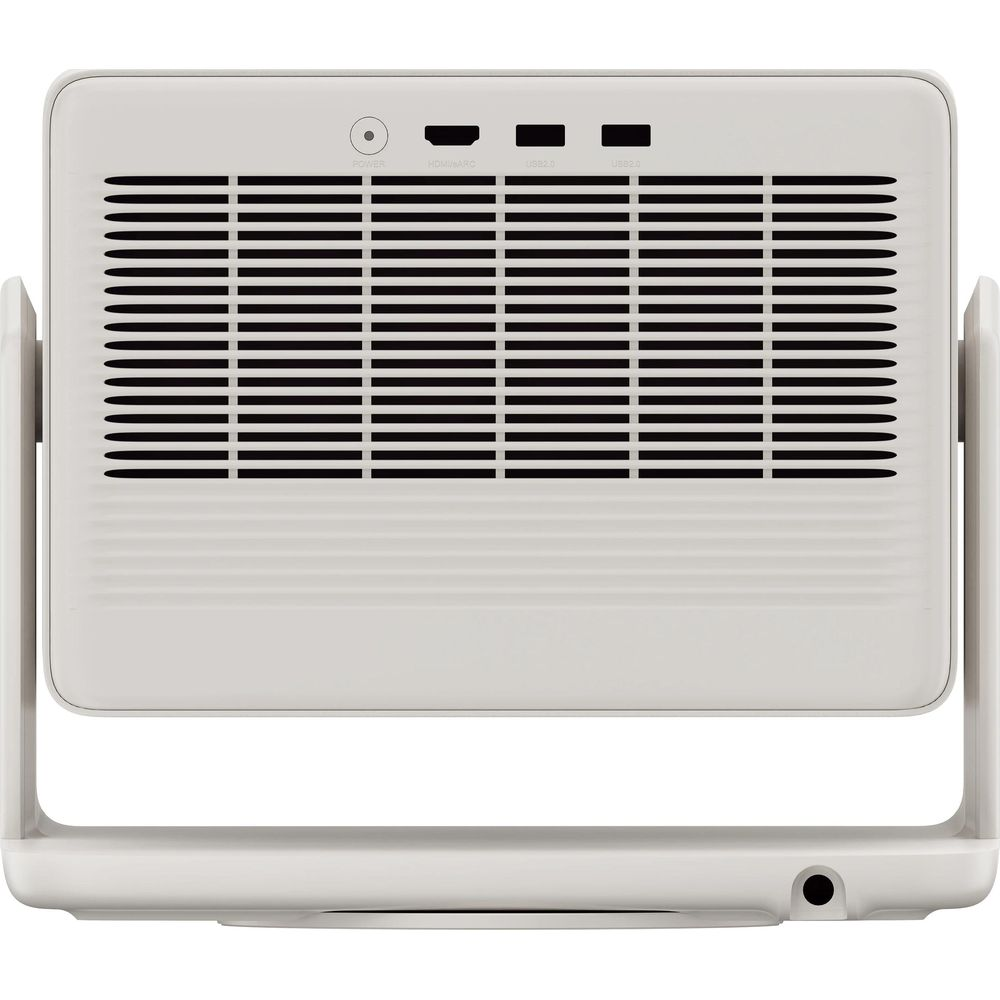 Unité de ventilateur blanche avec aérations, ports et pied.