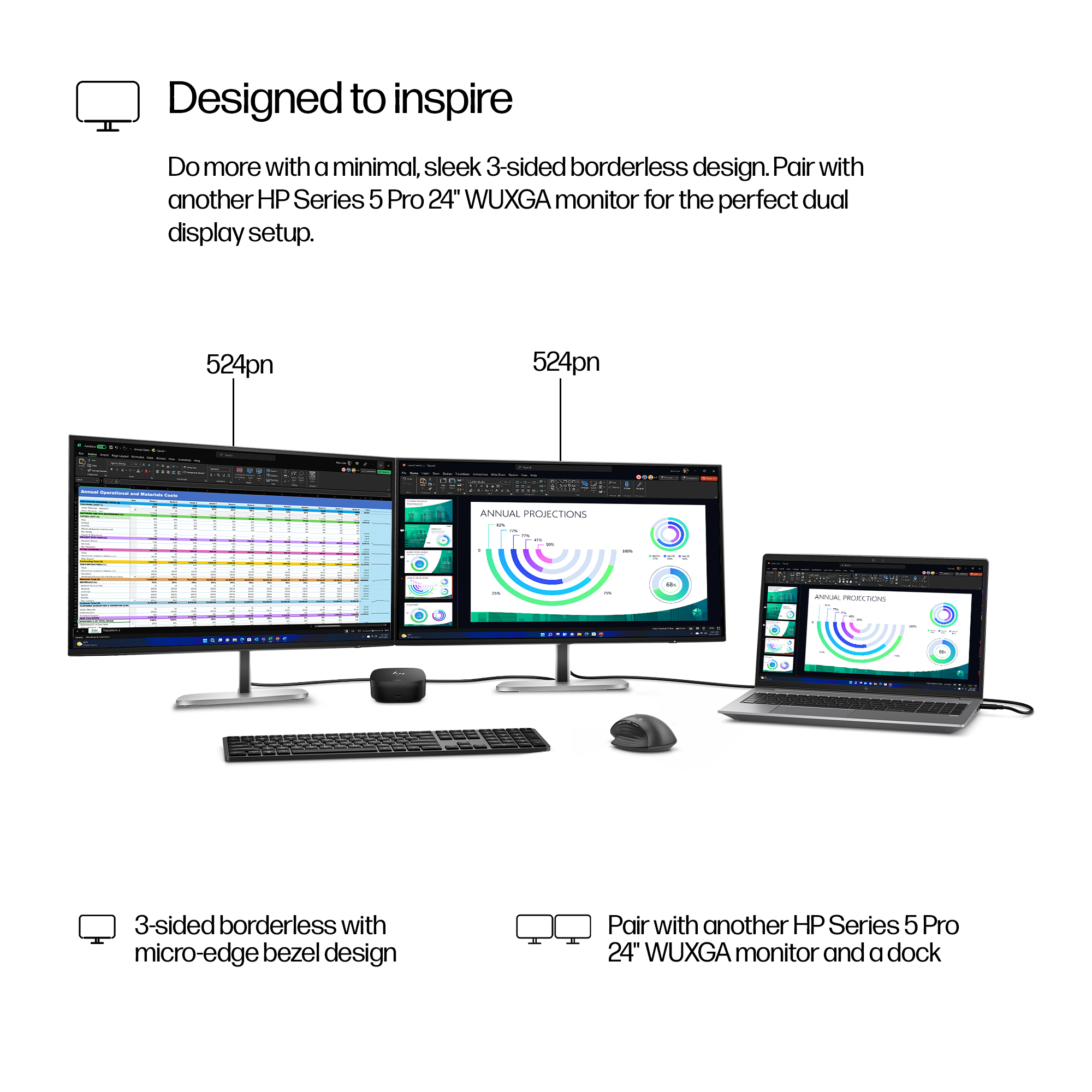 Dos monitores HP y un portátil muestran hojas de cálculo y gráficos.