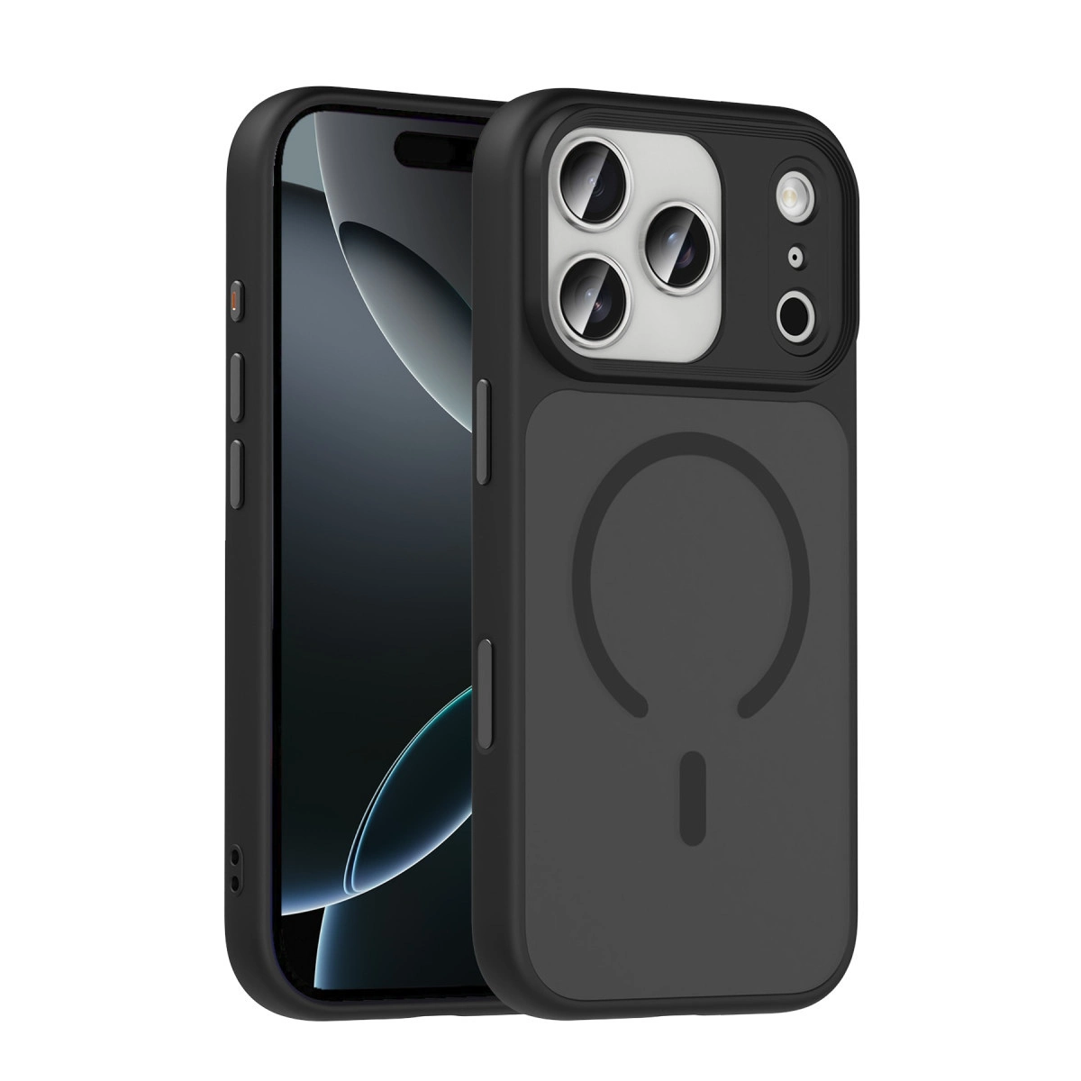 Üç kamera lensli siyah telefon, koruyucu kılıfta. Manyetik halka görünüyor.