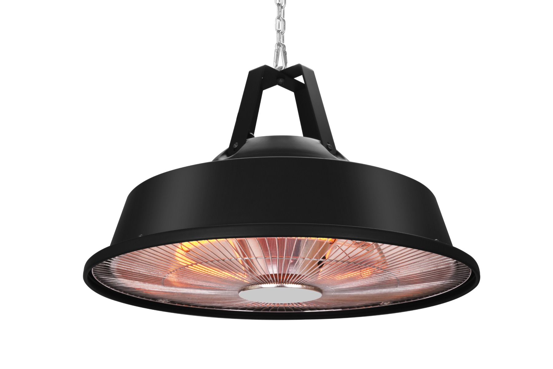 Riscaldatore da soffitto nero con elemento riscaldante, sospeso a una catena.