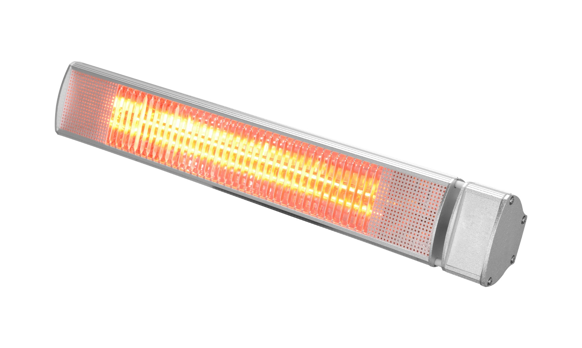 Un termoventilatore a infrarossi argentato con elementi riscaldanti incandescenti, sfondo bianco.