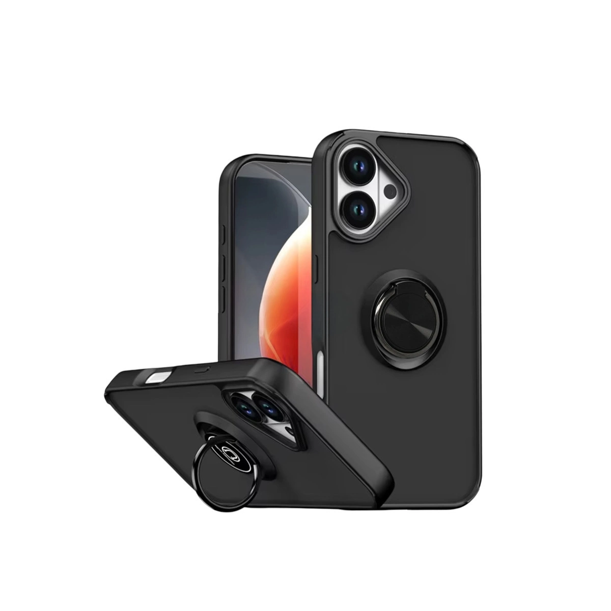 Halka tutuculu ve üçlü kameralı siyah telefon kılıfı.