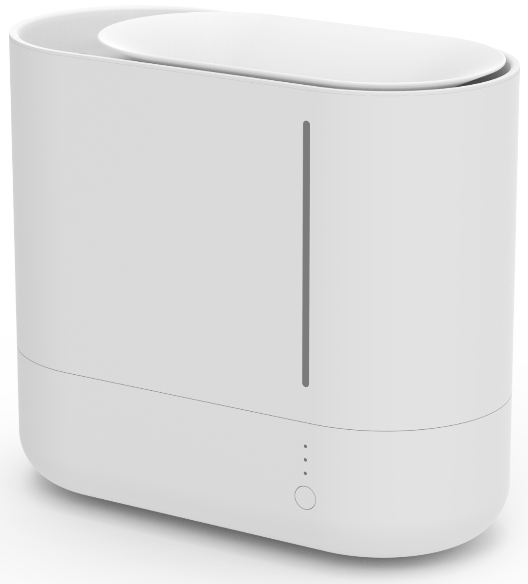 Un umidificatore bianco con una linea verticale grigia e quattro spie.
