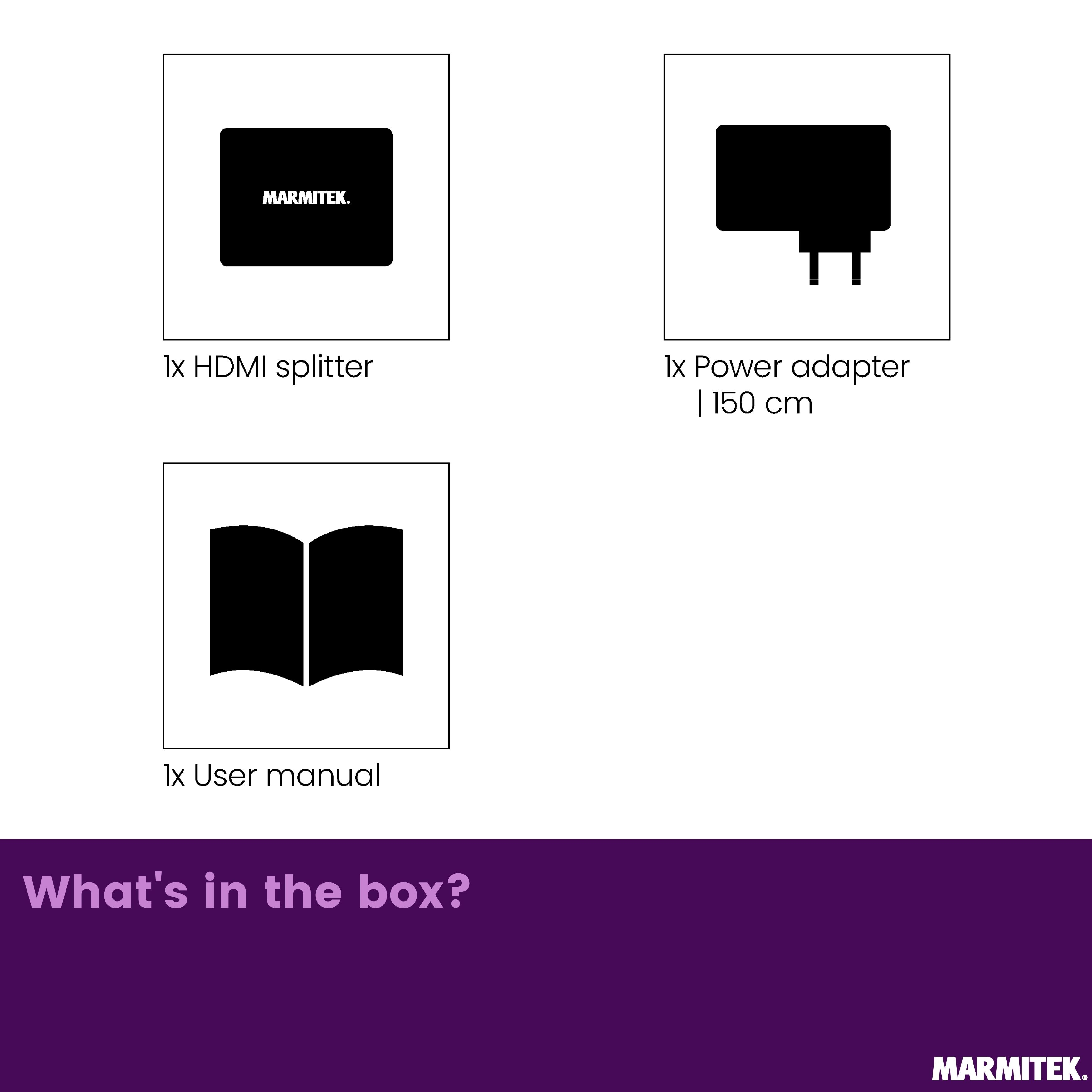 Contenuto della scatola: 1x splitter HDMI, 1x adattatore alimentazione 150cm, 1x manuale.