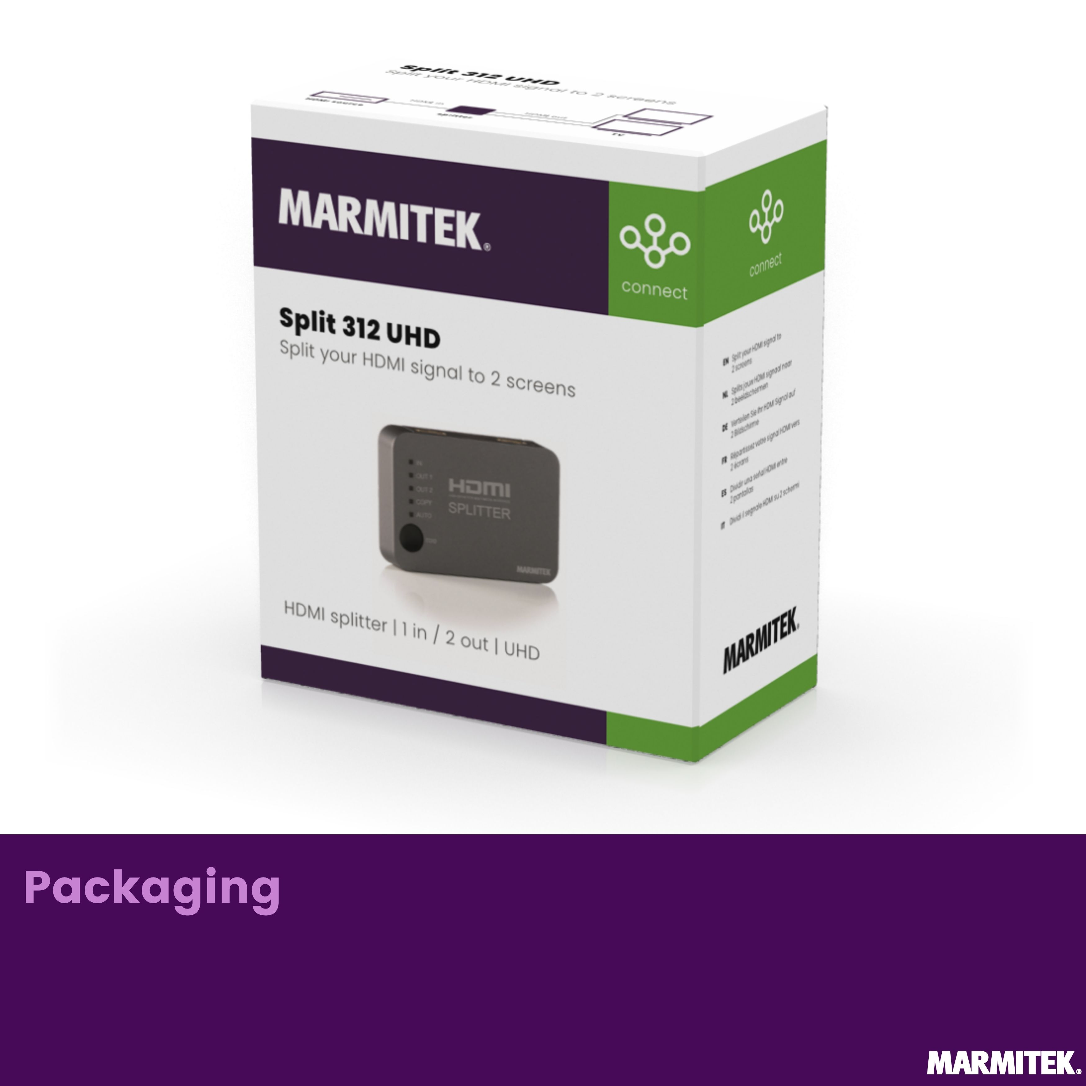 Confezione Marmitek Splitter 312 UHD con splitter HDMI e schema.