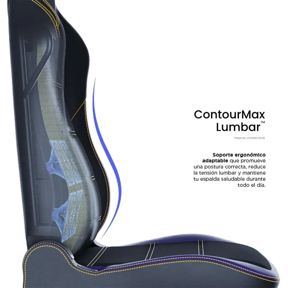 Primer plano de una silla negra con soporte lumbar y contorno azul.