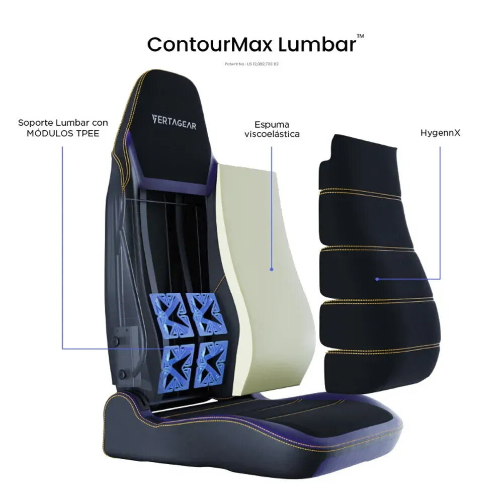 Vista en corte de silla con soporte lumbar, módulos TPEE y espuma viscoelástica.