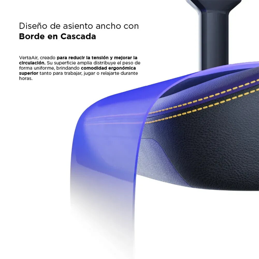 Diseño de asiento ancho con borde de cascada, cuero negro con costuras amarillas.