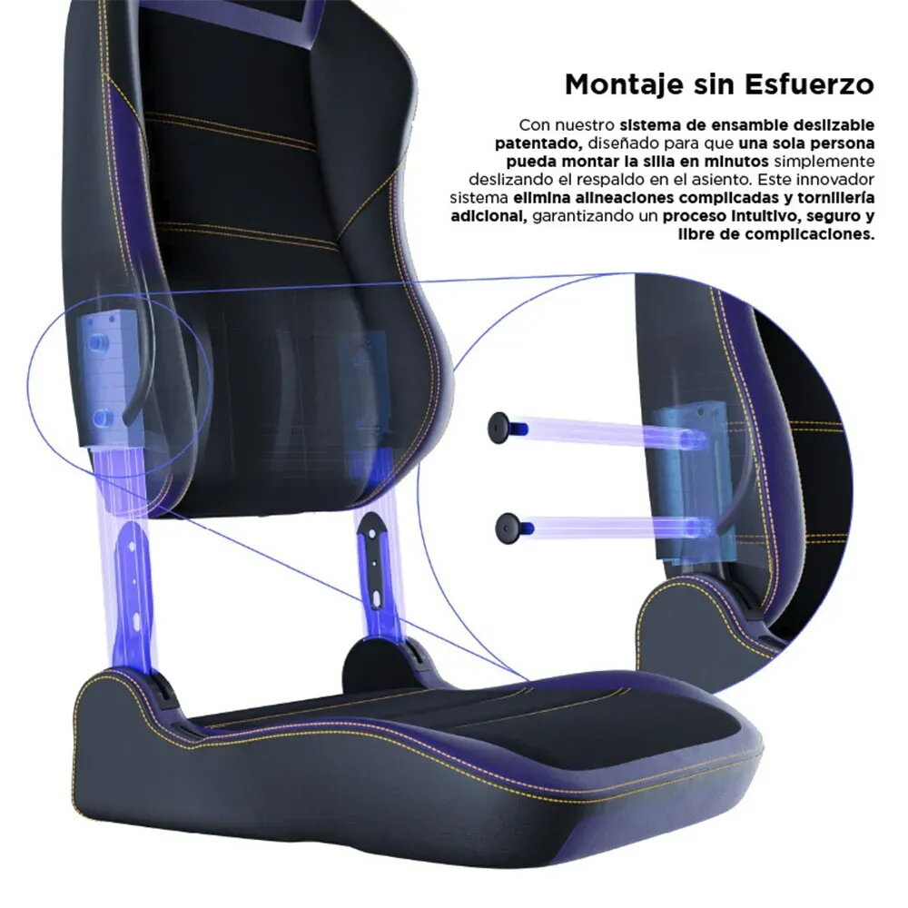 Silla gaming negra y amarilla mostrando una vista detallada del mecanismo de ensamblaje.