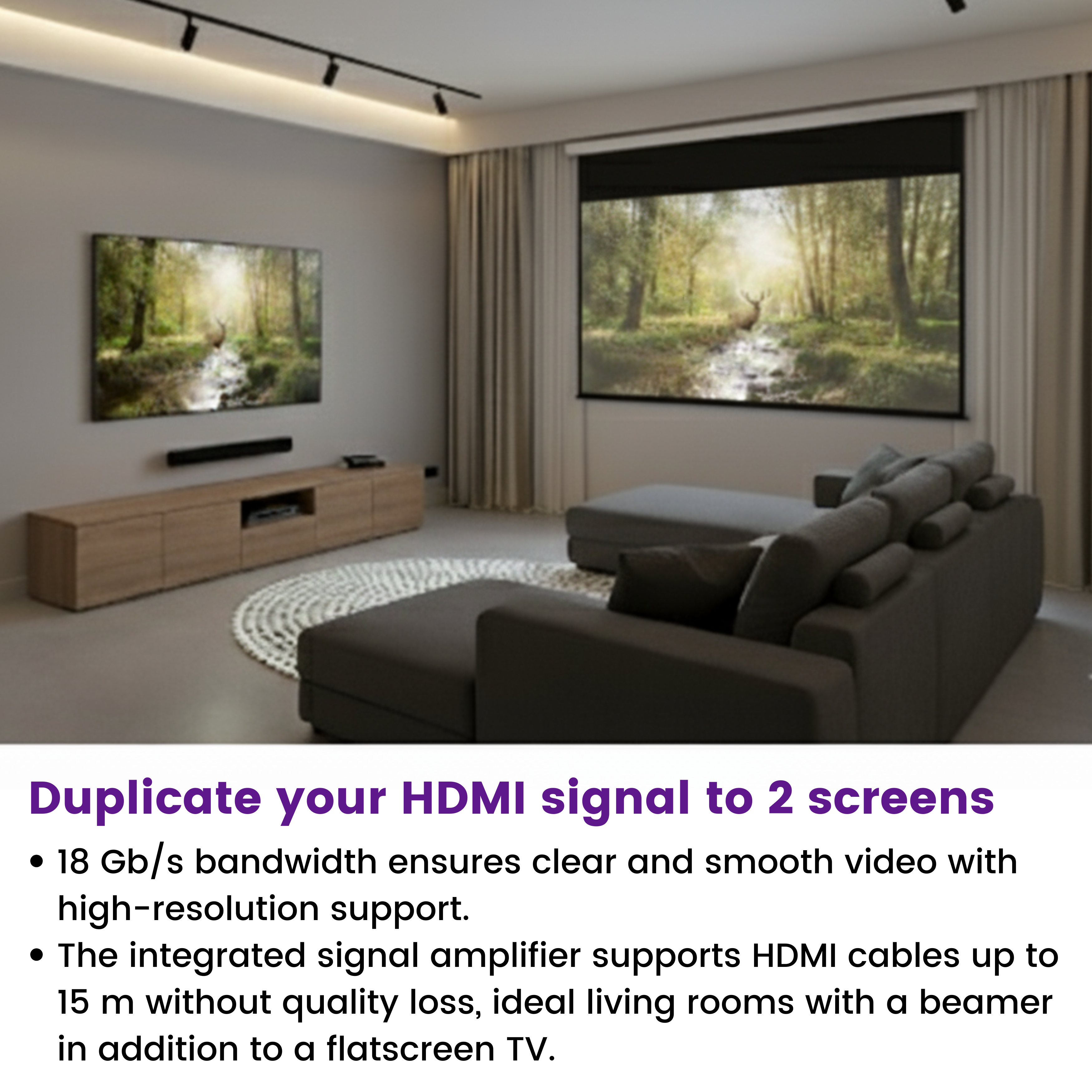 Moderne woonkamer met twee schermen, bank, tv en beamer.