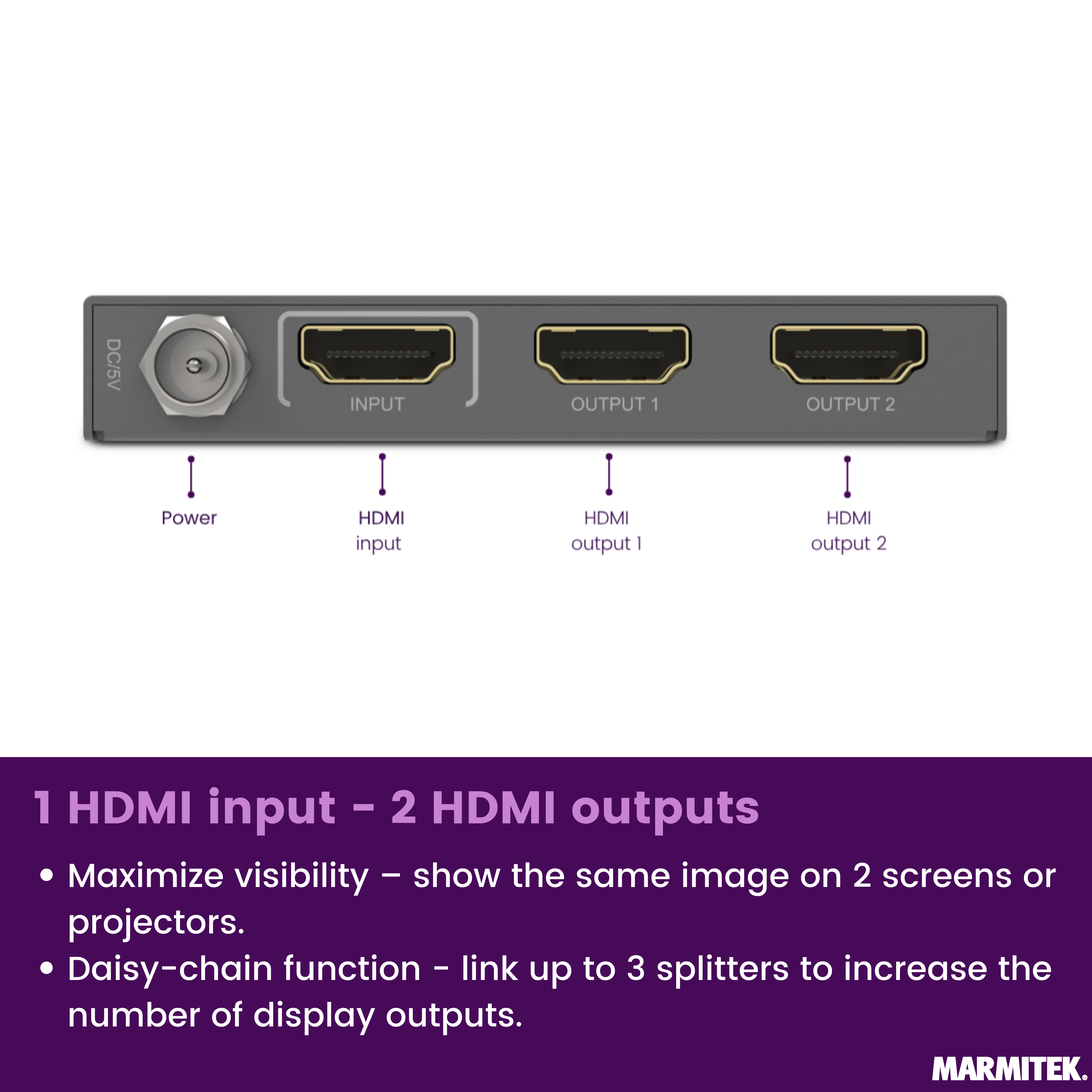 Een HDMI-splitter met één ingang en twee uitgangen, stroomaansluiting.