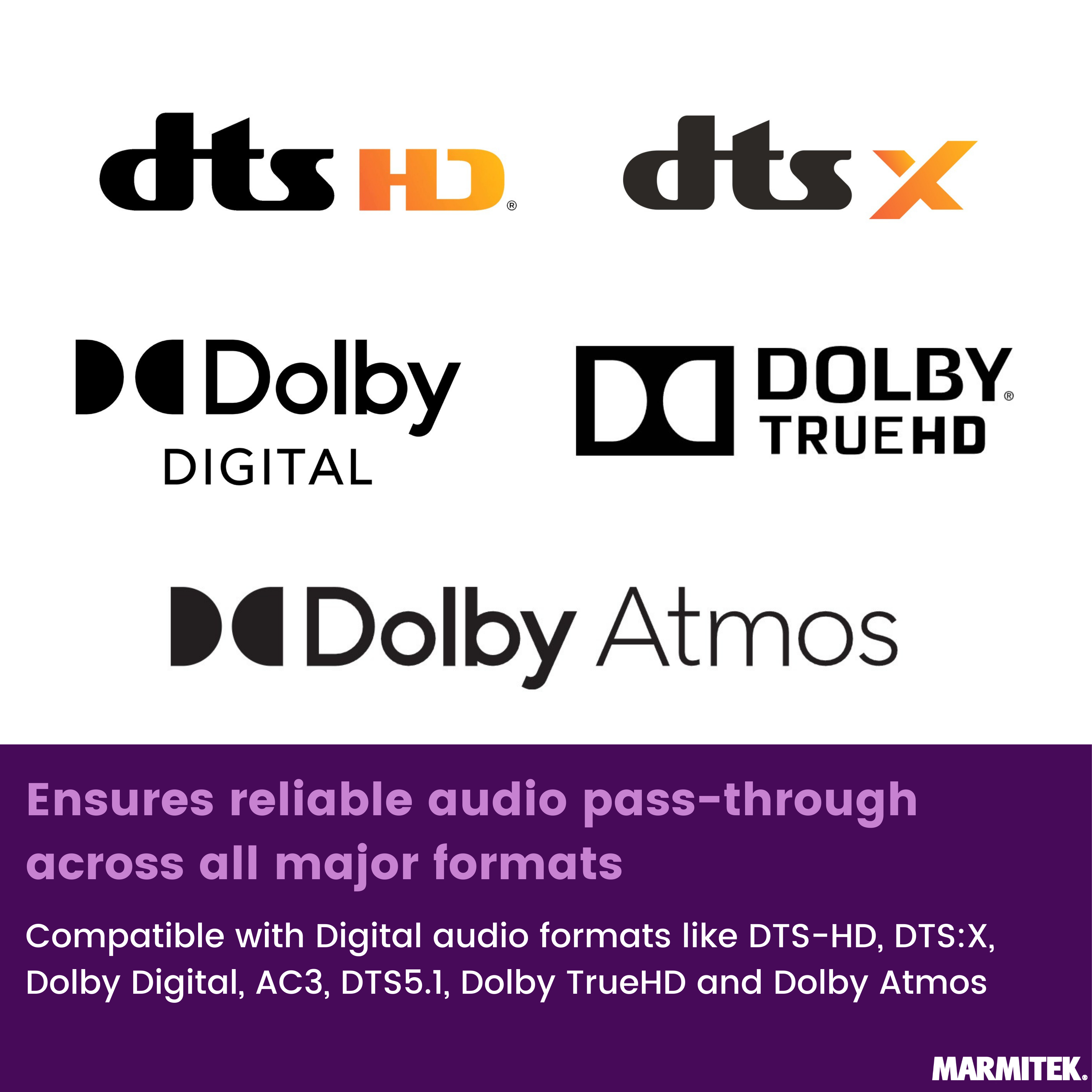 Logo's van DTS-HD, DTS:X, Dolby Digital, Dolby TrueHD en Dolby Atmos.