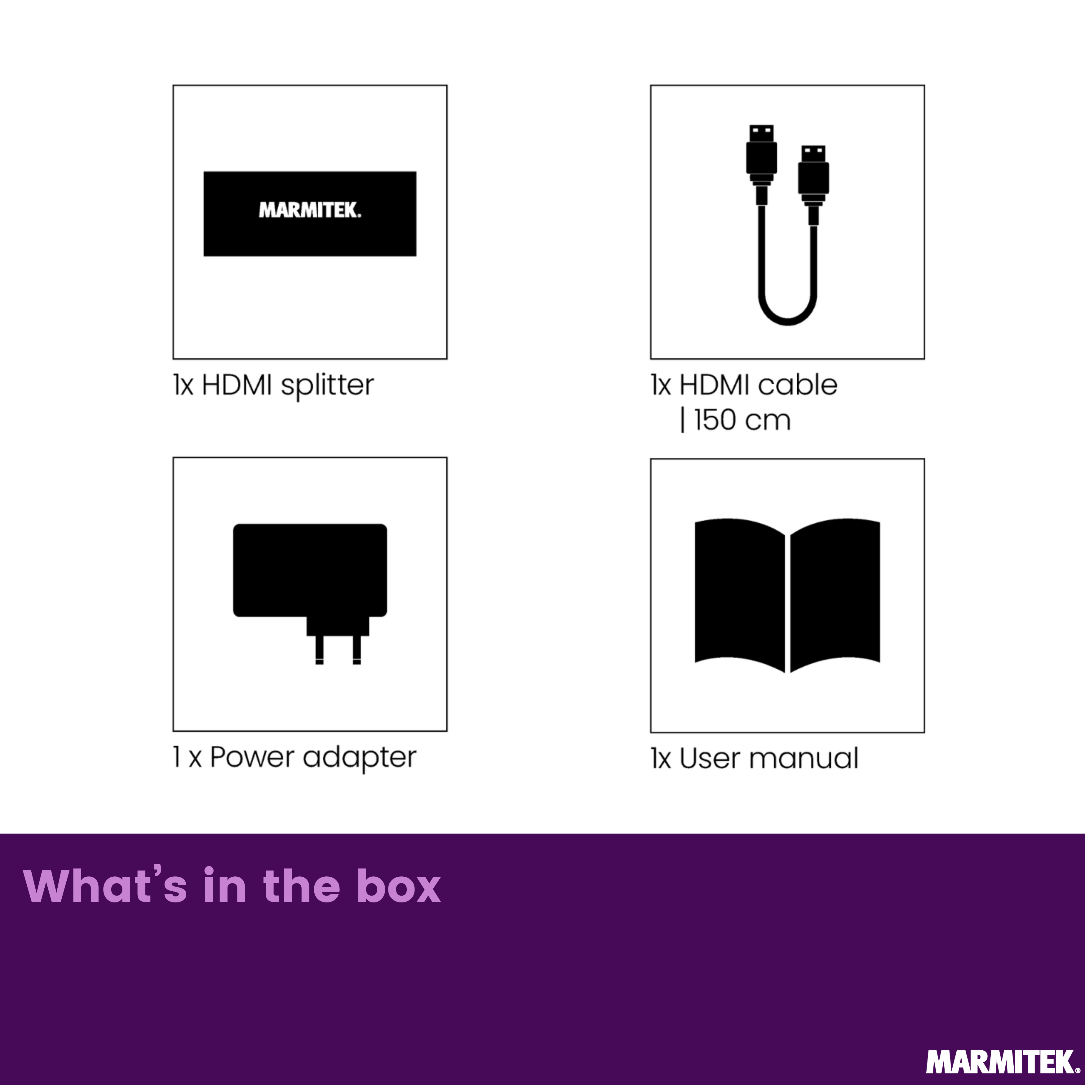 Wat zit er in de doos: HDMI-splitter, HDMI-kabel, stroomadapter, gebruikershandleiding.