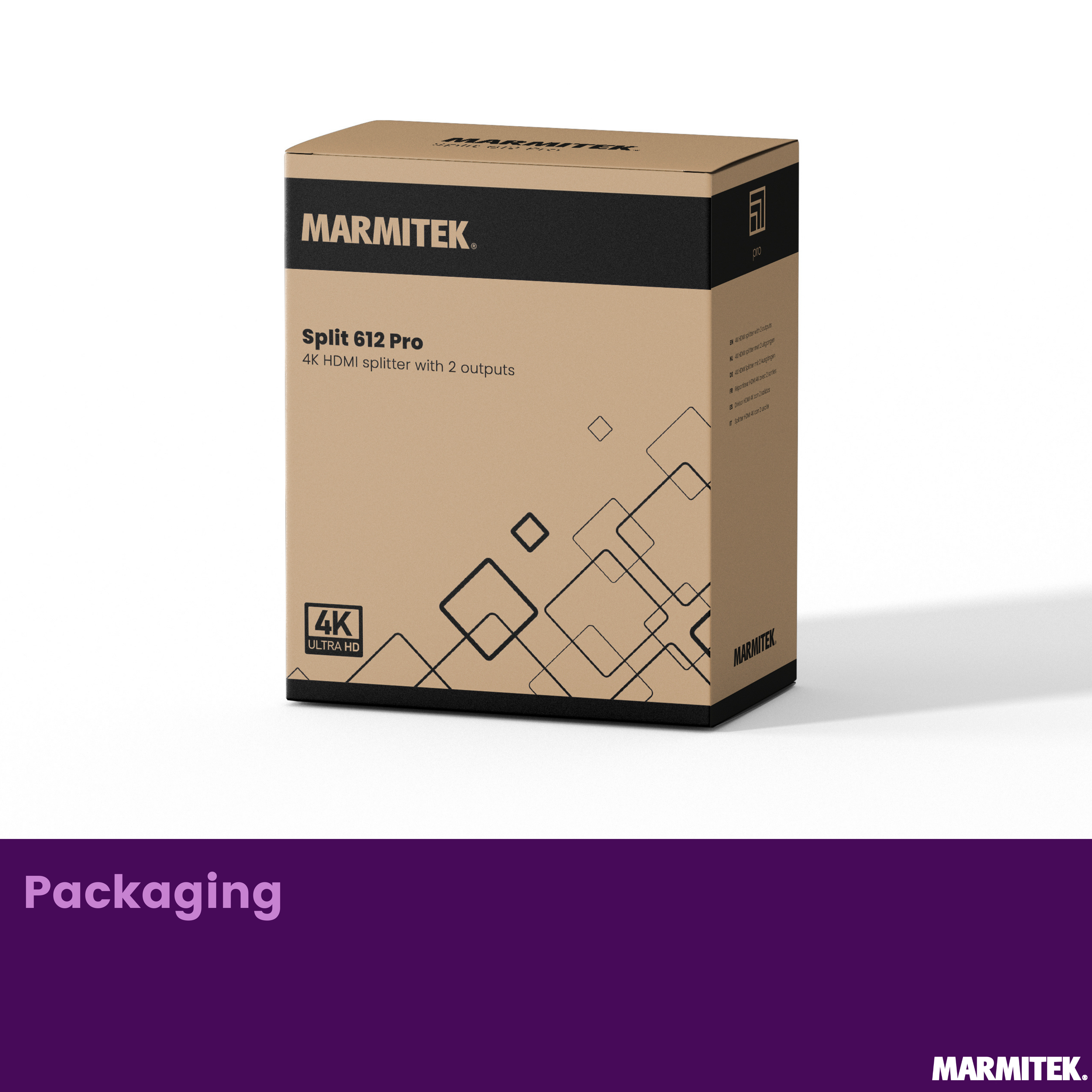 Marmitek Split 612 Pro 4K HDMI splitter met 2 uitgangen op kartonnen verpakking.