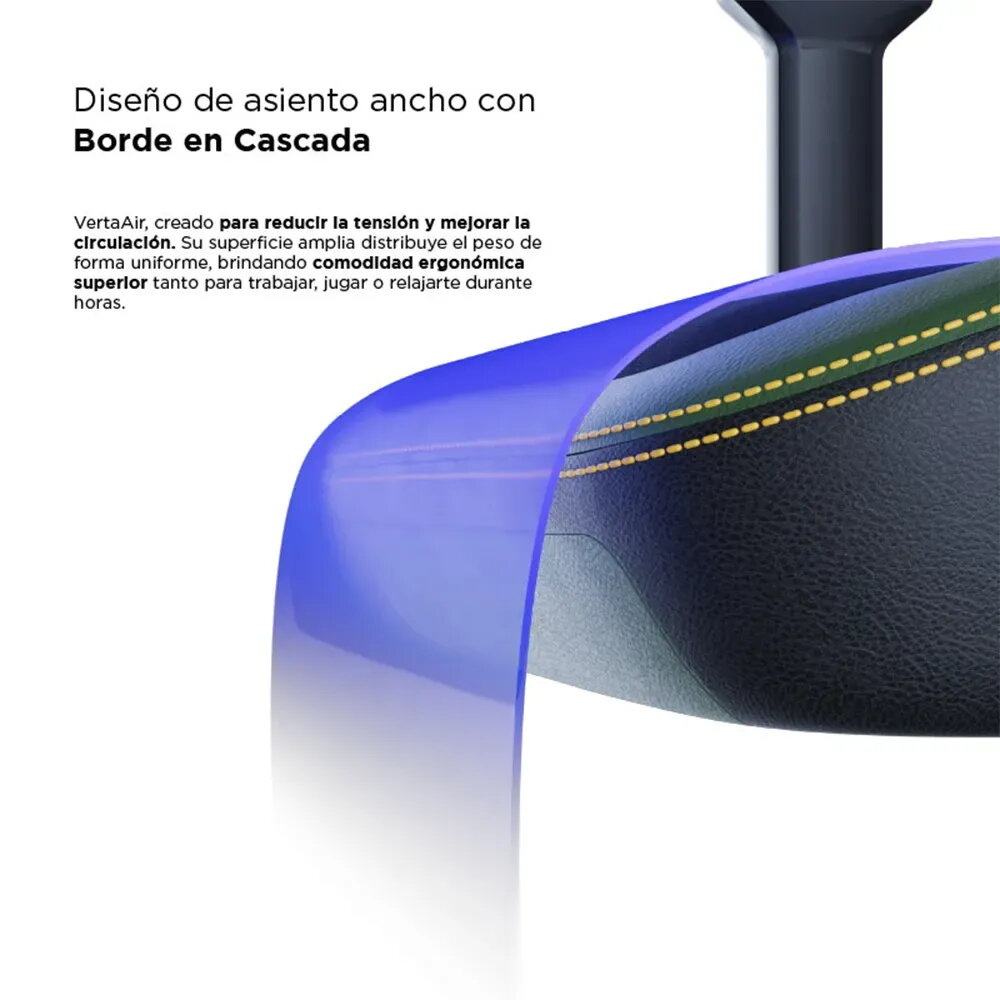 Diseño de asiento ancho con borde de cascada. Asiento negro con costuras amarillas.