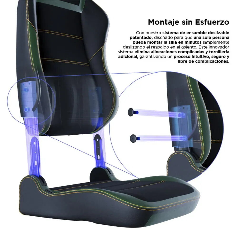 Respaldo de silla gamer se une al asiento con un mecanismo deslizante.