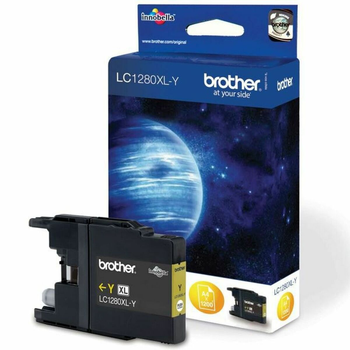 Czarny tusz Brother LC1280XL-Y z opakowaniem i motywem kosmicznym.