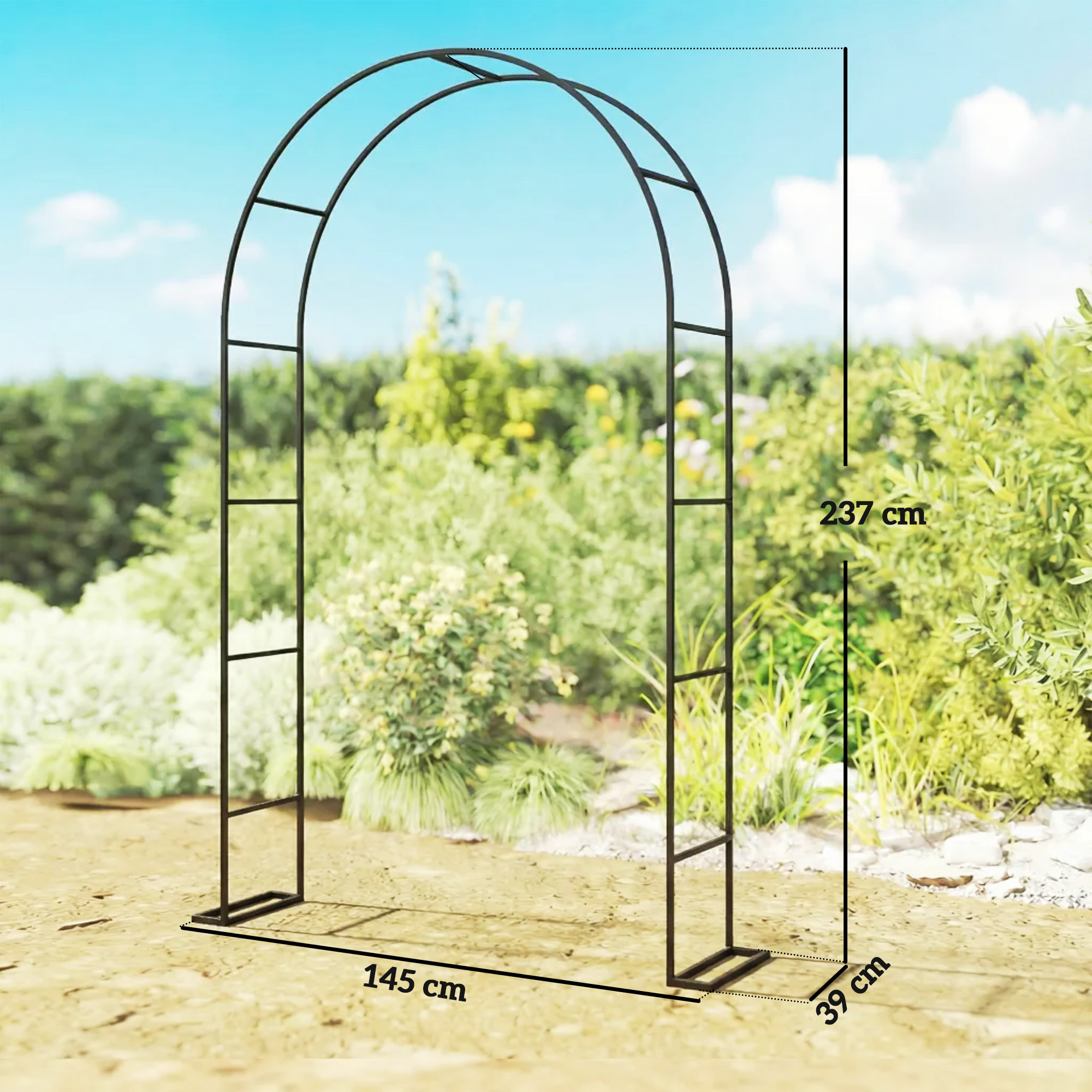 Arco in metallo nero, alto 237 cm, largo 145 cm, profondo 39 cm.