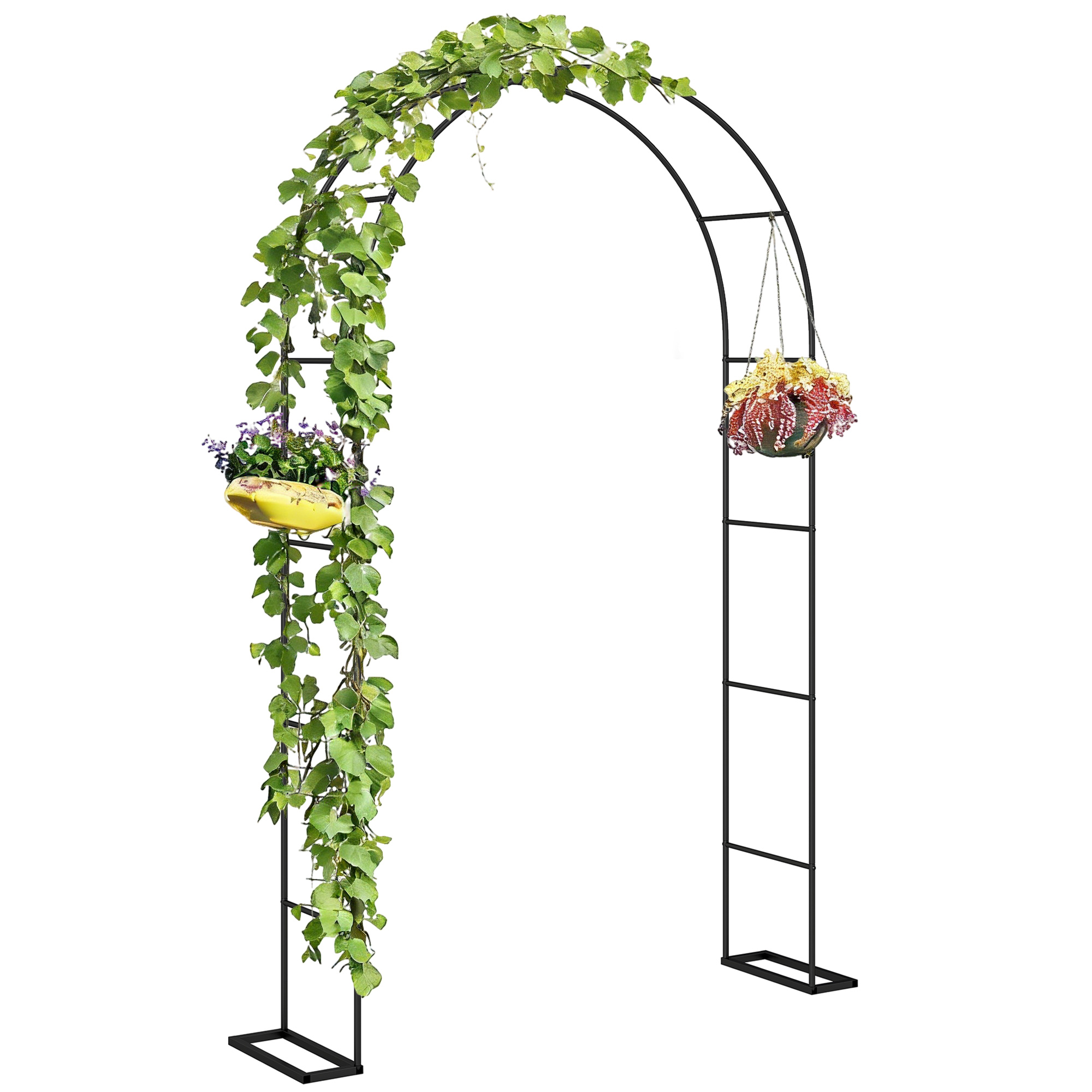 Un arco in metallo nero con viti verdi e due cesti di fiori appesi.