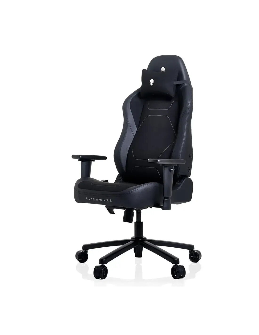 Silla gamer Alienware negra con reposacabezas y ruedas sobre fondo blanco.