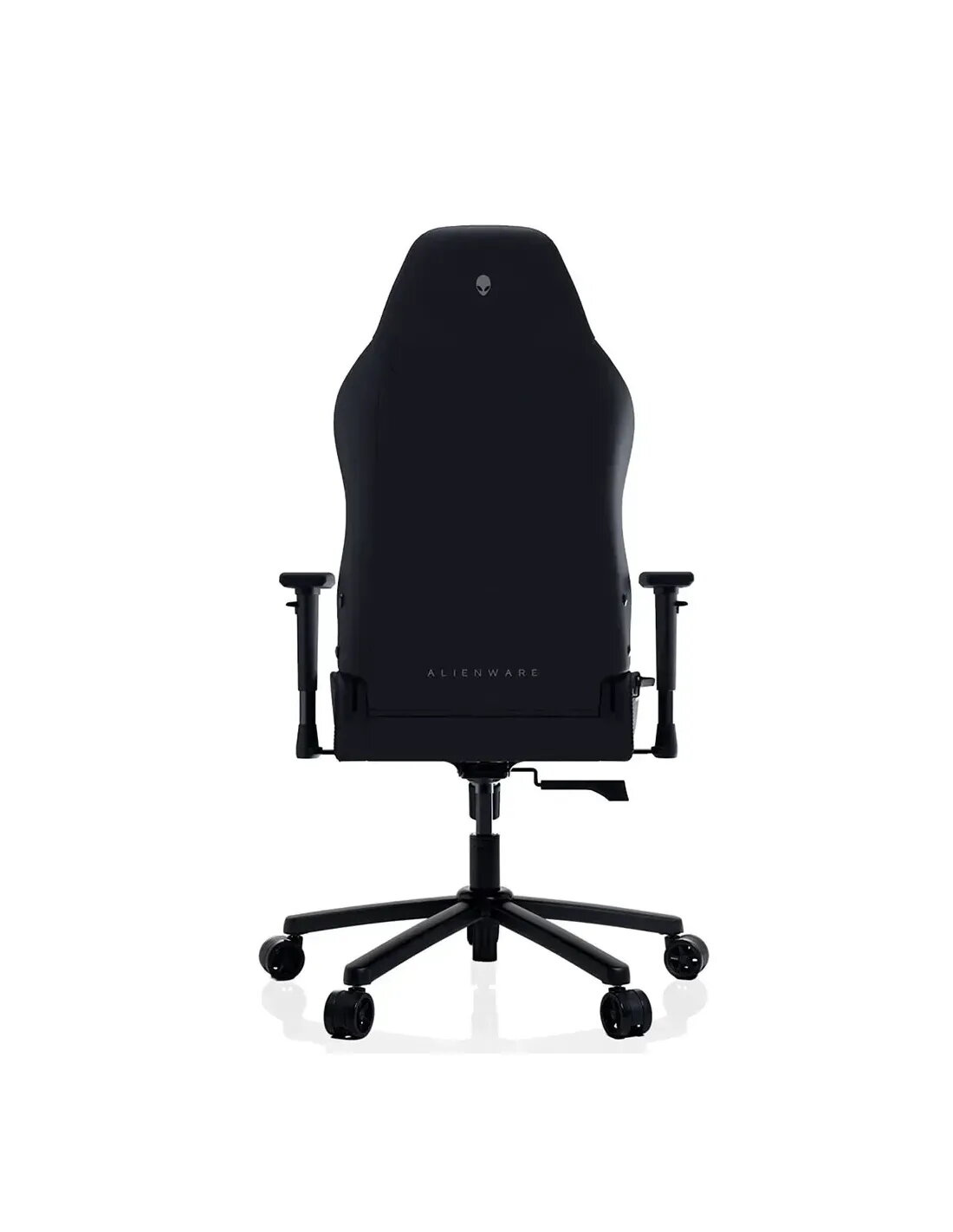 Silla gamer negra con logo Alienware, vista desde atrás.