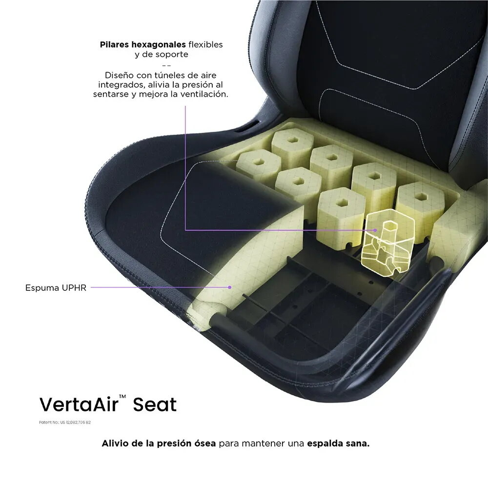 Vista en corte de asiento de auto con espuma UPHR y pilares hexagonales.