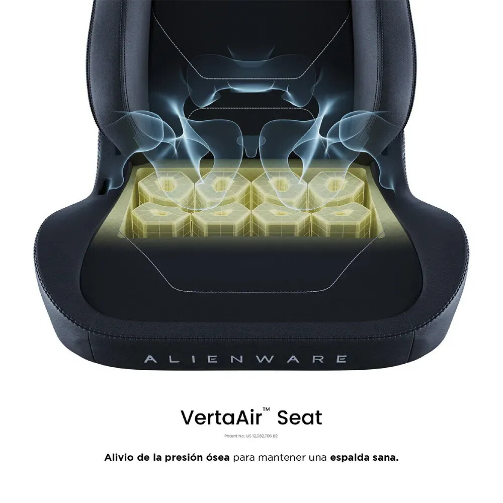 Asiento Alienware VertaAir con flujo de aire y estructura de panal.