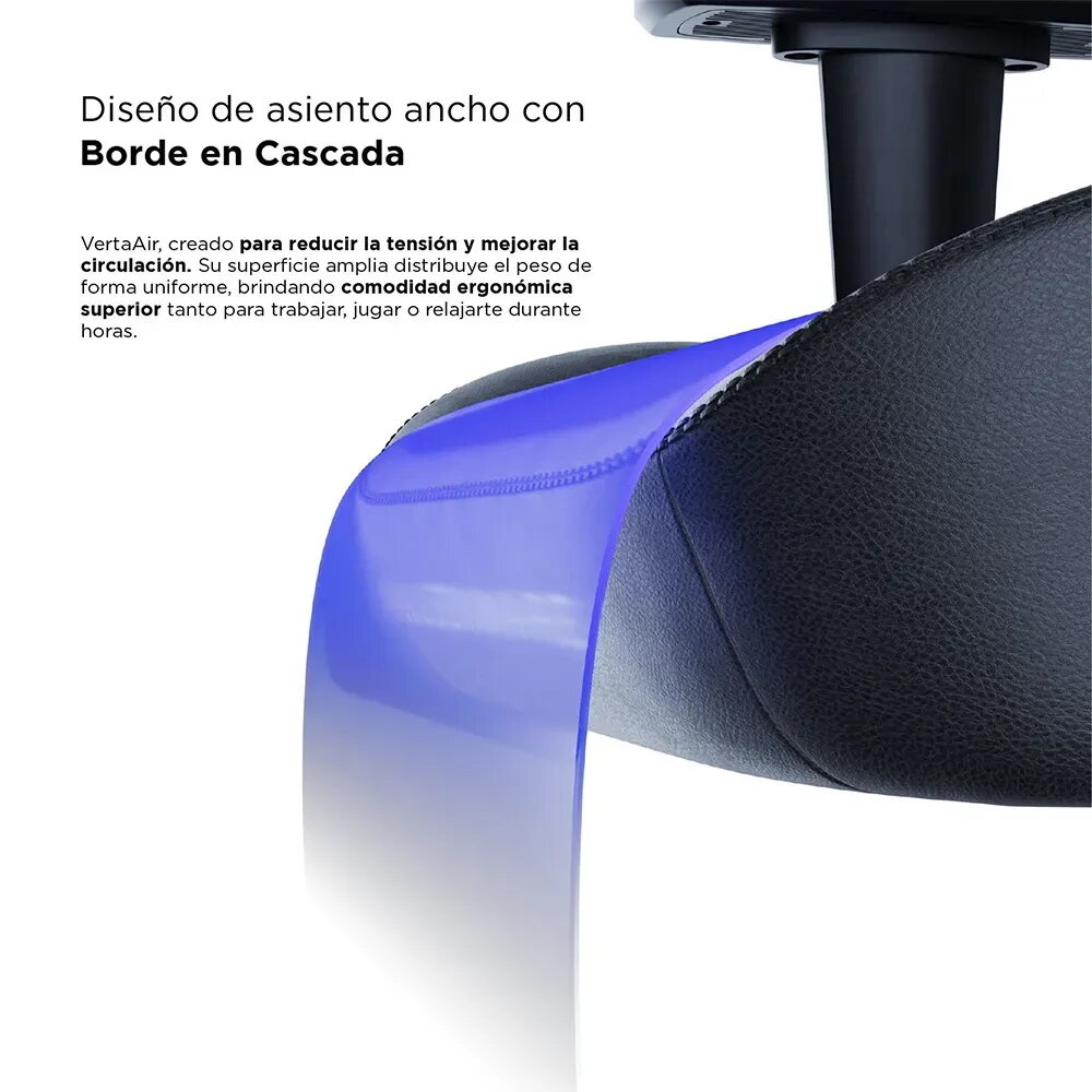 Silla negra con borde de cascada azul diseñada para el confort.