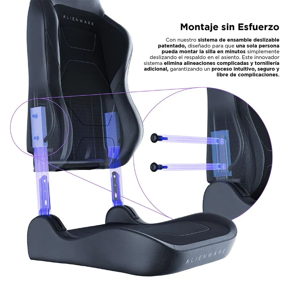Silla gamer Alienware negra con ilustración de montaje. Conectores azules muestran fácil ensamblaje.