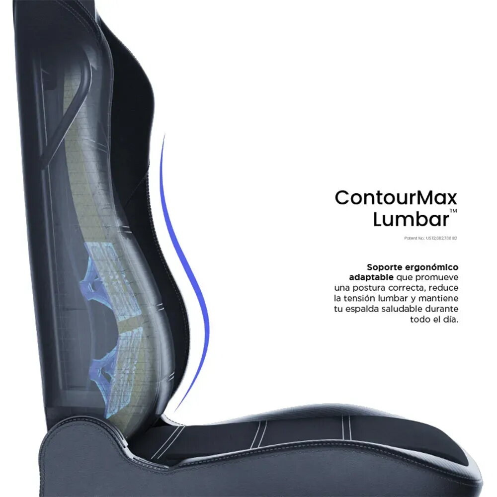 Soporte lumbar ergonómico con acento azul, mostrando estructura interna.