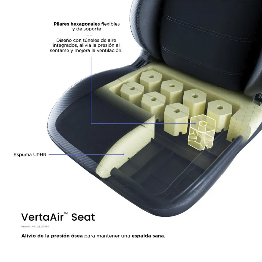 Vista de corte de un asiento con pilares hexagonales y túneles de aire.