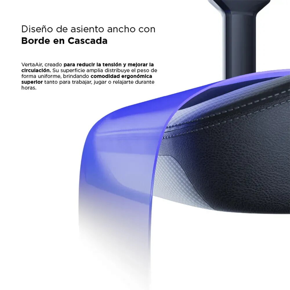 Diseño de asiento ancho con borde en cascada, tapicería negra.