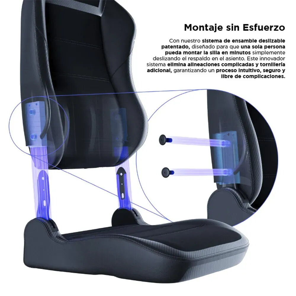 Silla de oficina negra con ilustración esquemática del fácil sistema de montaje.