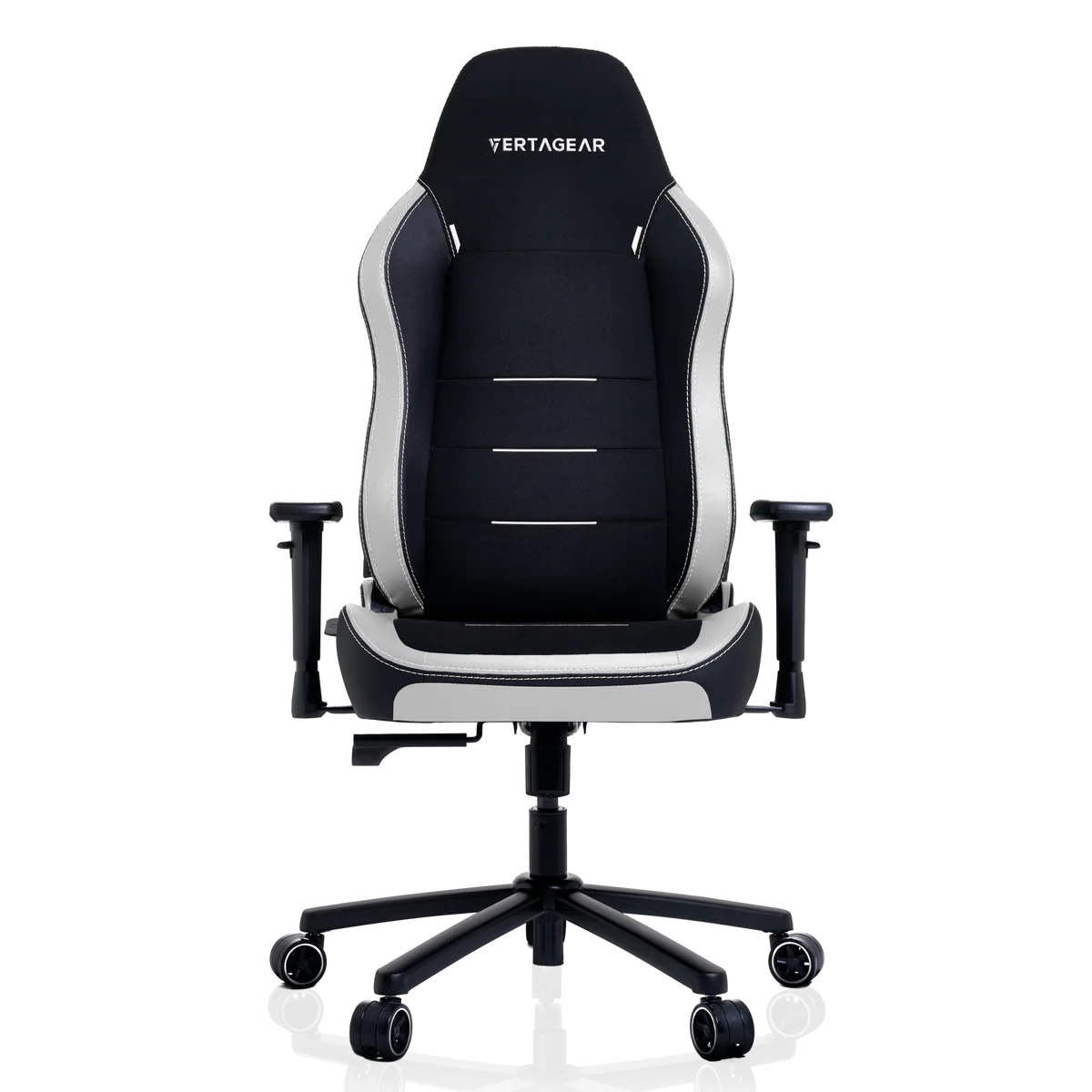 Silla gamer negra con detalles blancos y logo de Vertagear.