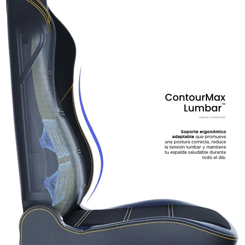 Soporte lumbar ergonómico con detalles azules y costuras.