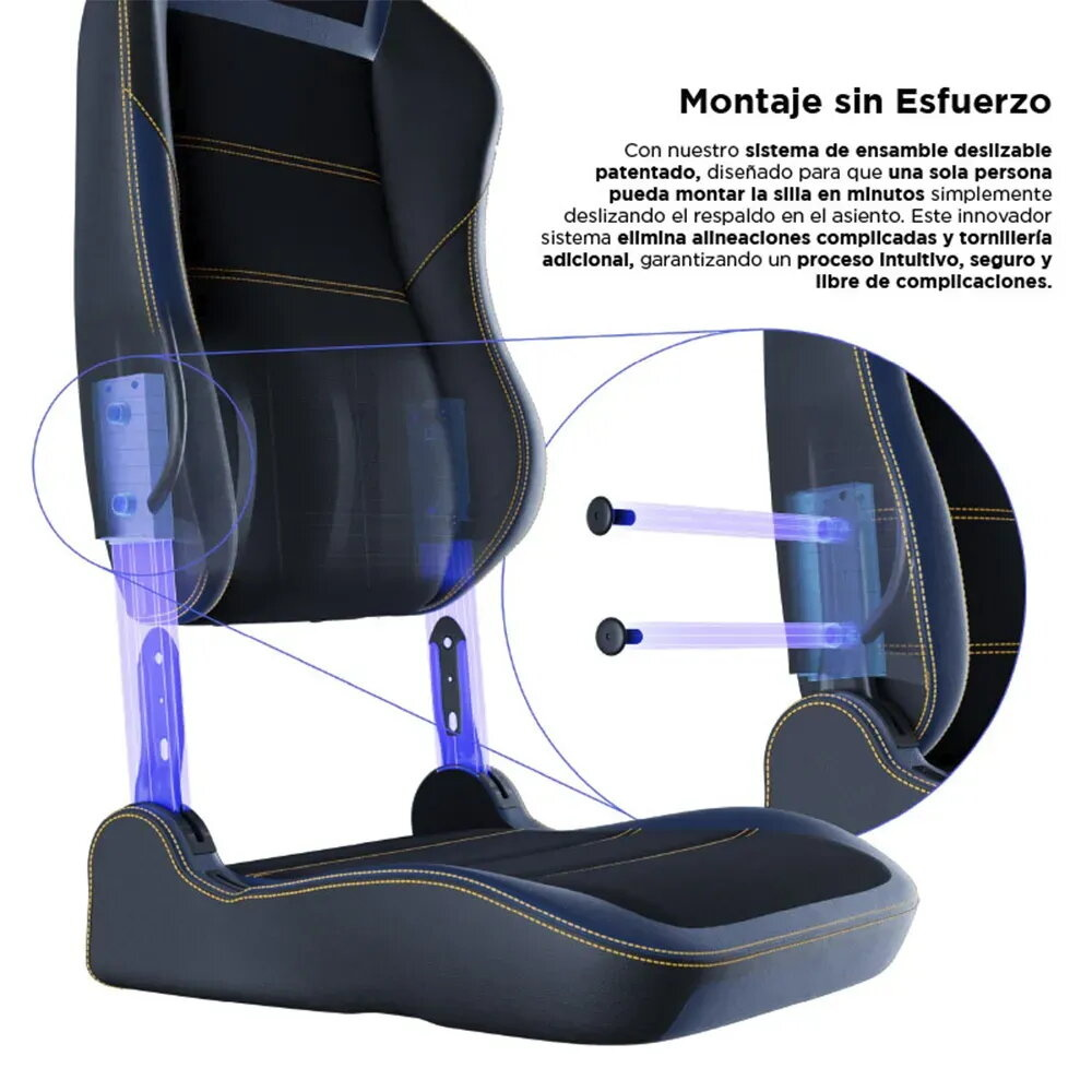 Silla gaming con parte de montaje azul y costuras amarillas.