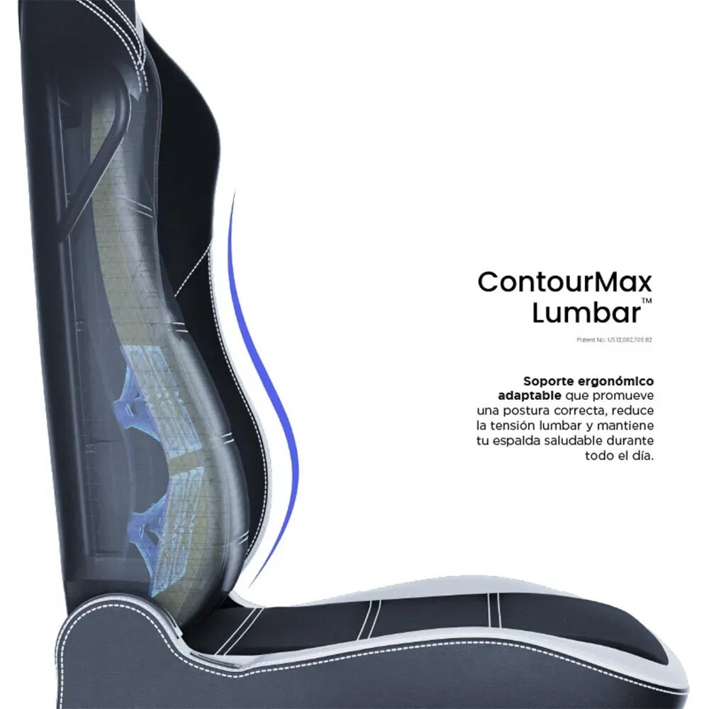 Soporte lumbar ergonómico con acentos azul y blanco, mostrado en corte.