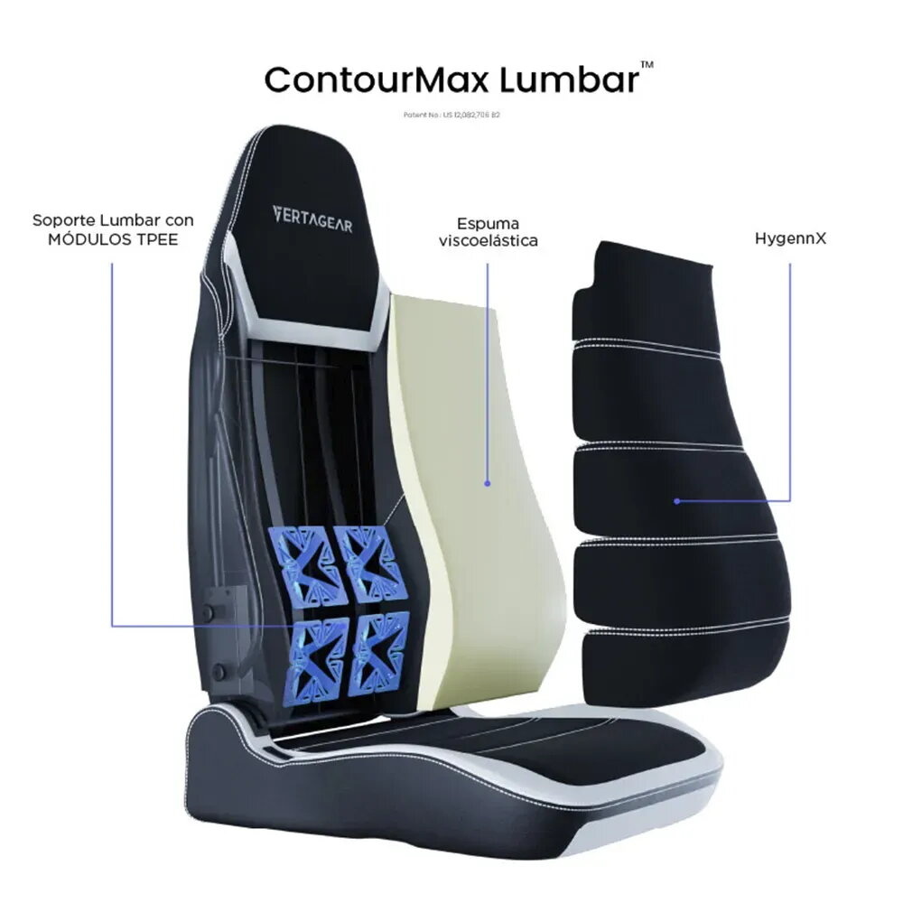 Vista de corte de silla con soporte lumbar, módulos TPEE y espuma viscoelástica.