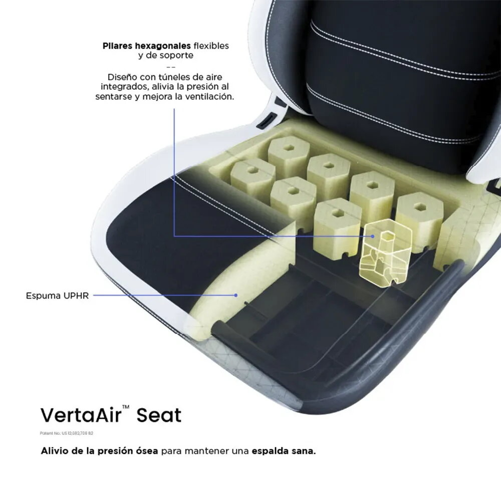 Vista en corte del asiento VertaAir que muestra pilares hexagonales y espuma UPHR.