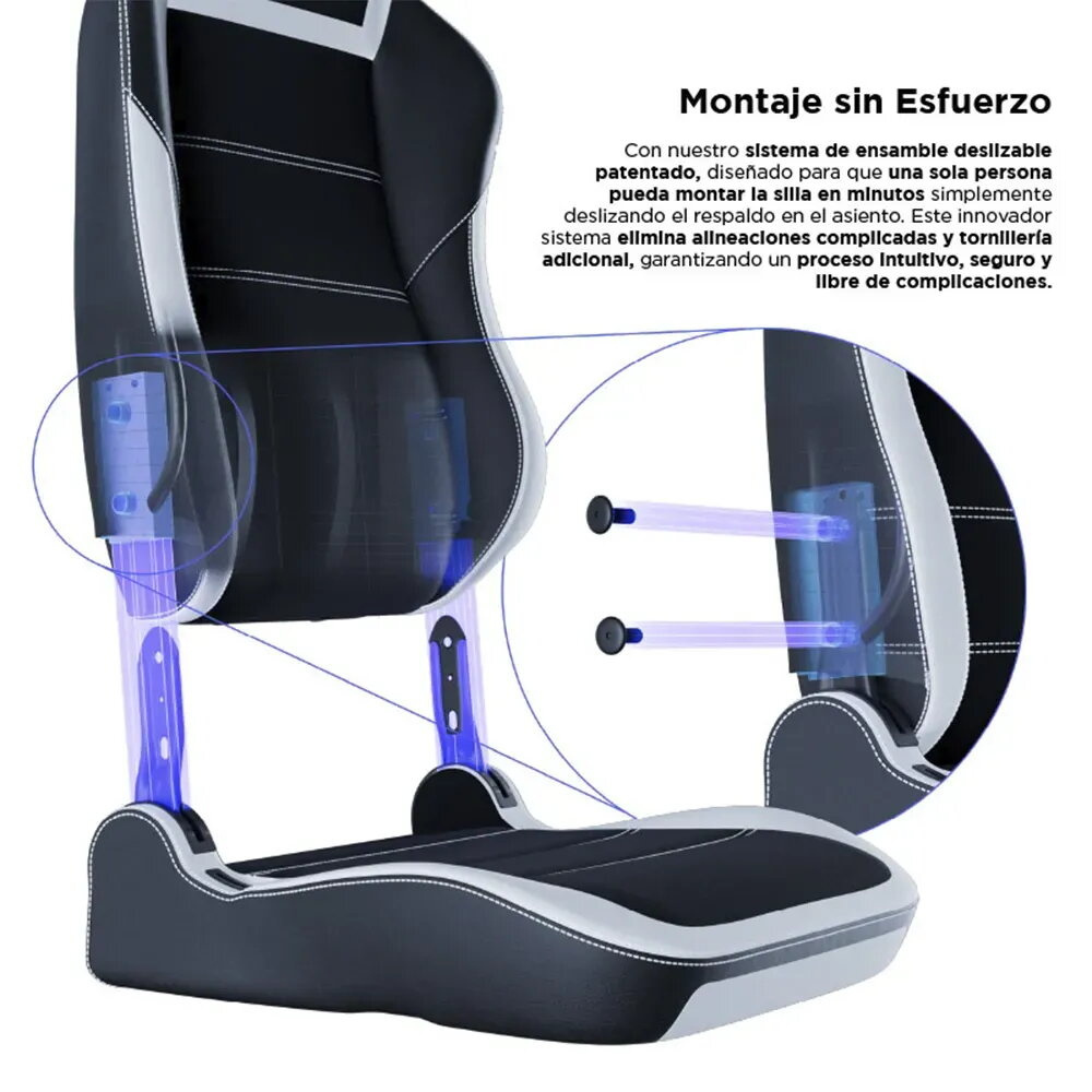 Silla negra y blanca con ilustración detallada de montaje.