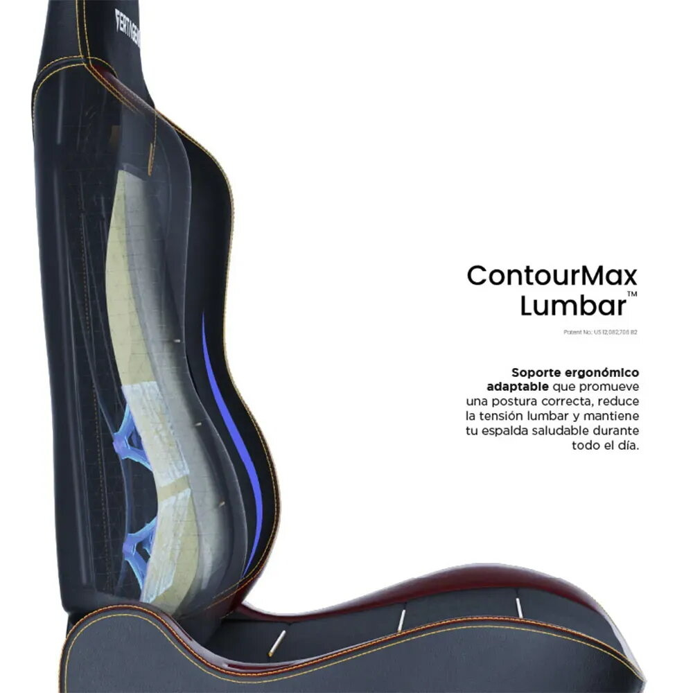 Primer plano de una silla negra con tecnología ContourMax Lumbar.