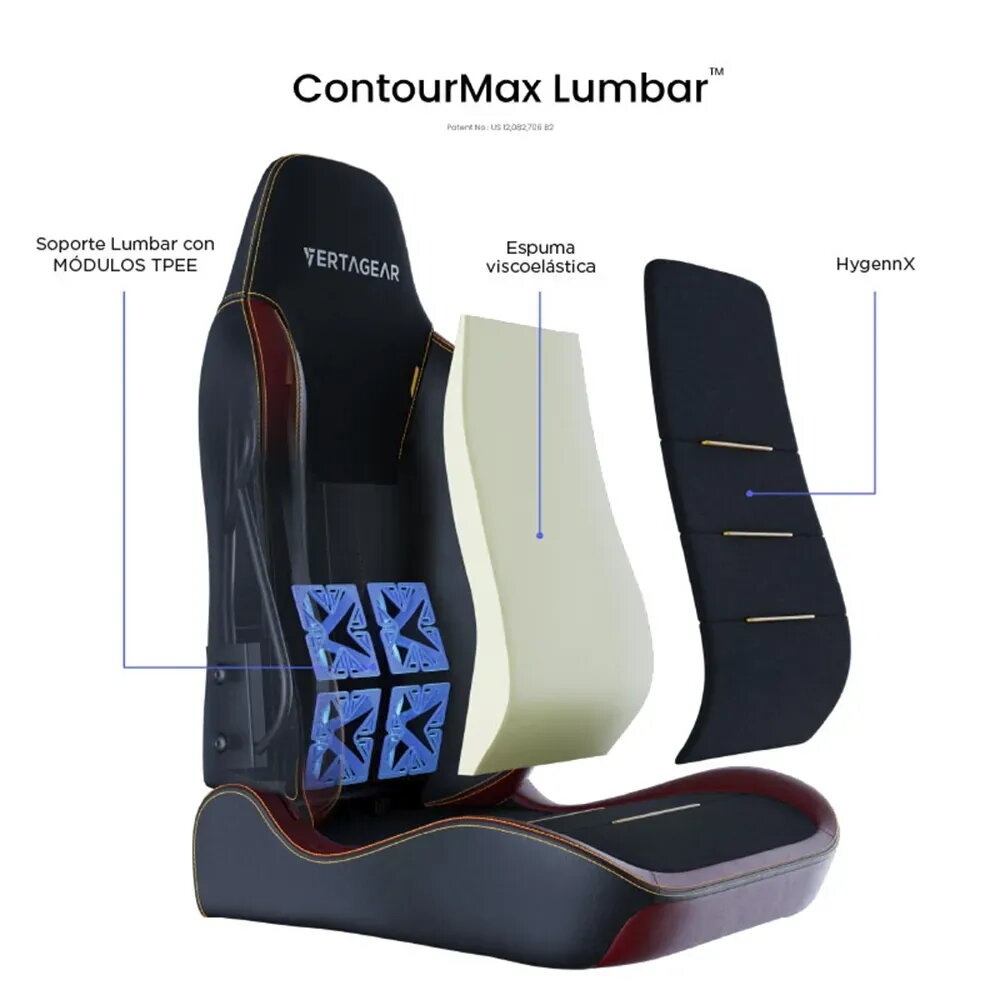 Vista explosionada de silla con soporte lumbar, espuma viscoelástica y cubierta HygennX.