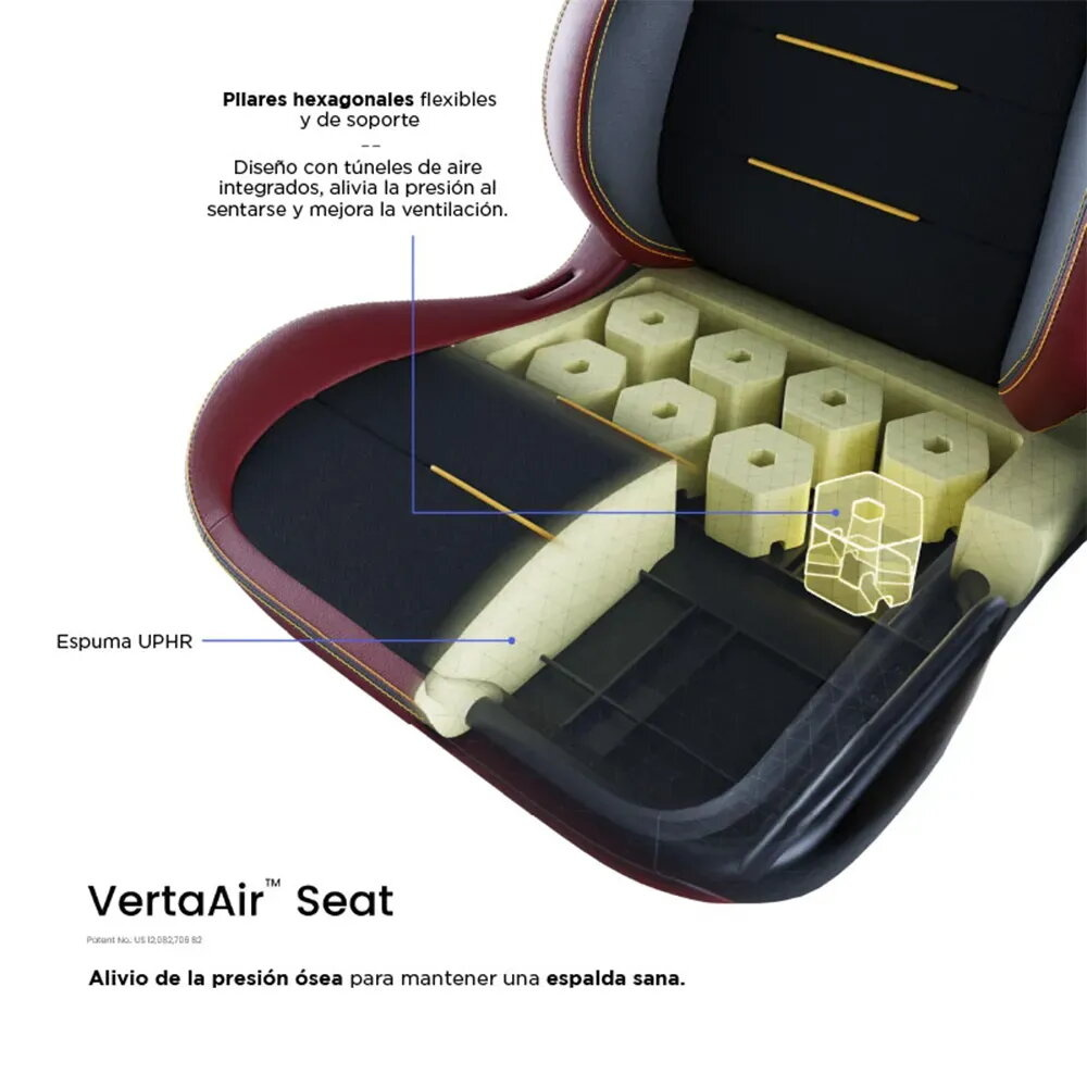 Vista en corte de un asiento de coche que muestra pilares hexagonales flexibles y espuma UPHR.