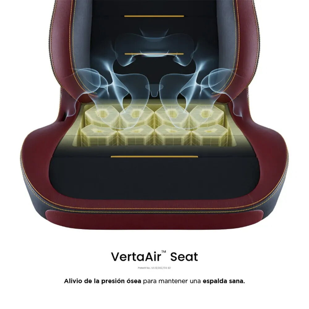 Asiento de coche de cuero rojo con cojines de aire emitiendo aire.