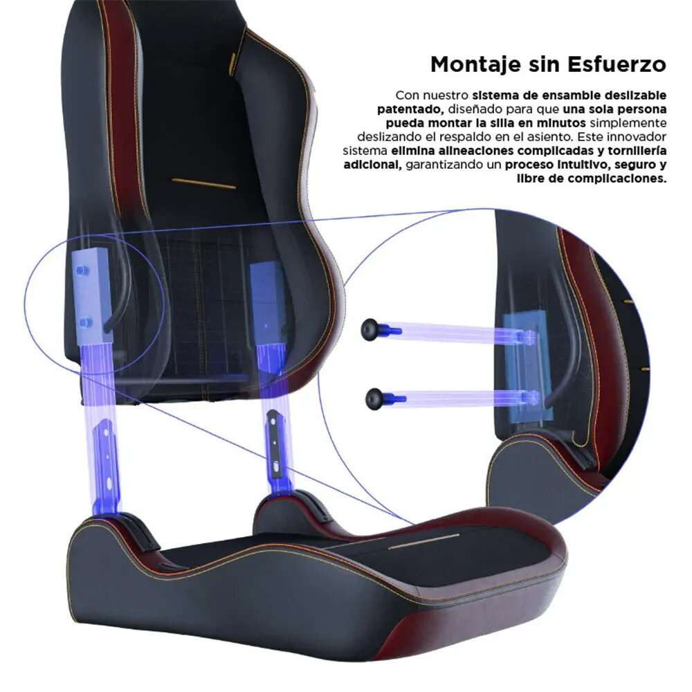 Ensamblaje de silla negra y roja con mecanismo deslizante azul.