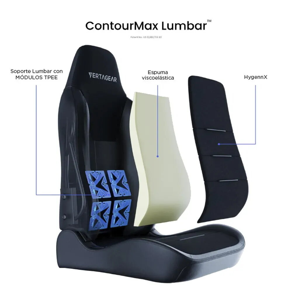 Una silla negra con componentes internos expuestos, incluyendo espuma y módulos TPEE.